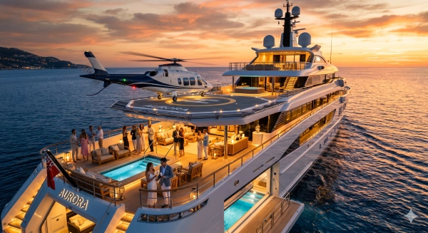 “Luxury superyacht cruise at sunset with guests enjoying champagne on deck, premium travel lifestyle experience”