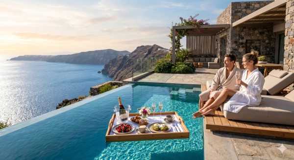“Private oceanfront luxury villa with infinity pool and floating breakfast, couple relaxing with panoramic sea views”