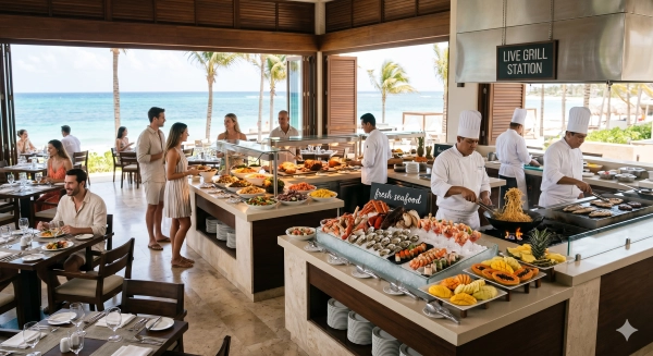 All-inclusive offers dining experience with diverse food and drinks at a luxury resort buffet.