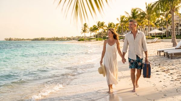 Couple enjoying a tropical beach vacation while walking along the shoreline
